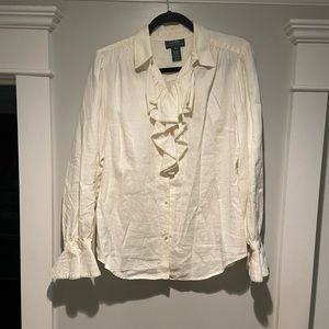 Lauren Ralph Lauren Sz M 100% Linen blouse Pearl buttons ruffle neckline & cuffs